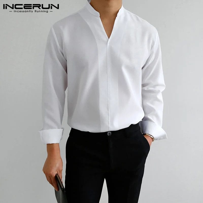 Men Casual Shirt Solid Color 2023 V Neck Long Sleeve Loose Streetwear Men Clothing Korean Fashion Leisure Shirts S-3XL INCERUN 1