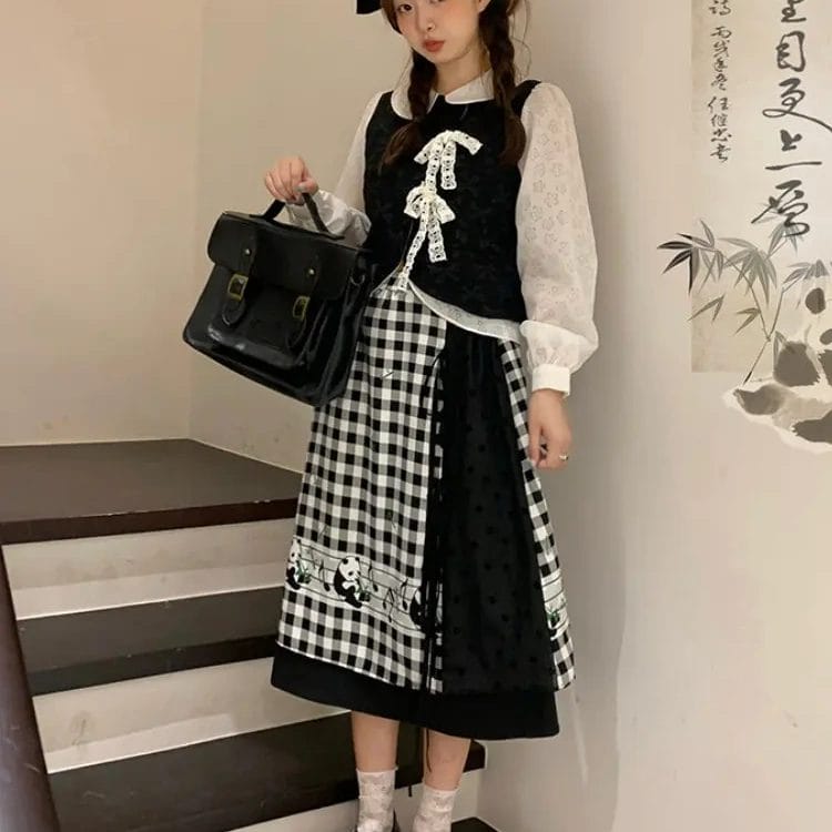 Autumn Vintage Sweet Plaid Skirt Sets Women Chinese Style Lace Bow Blouse Tops Panda Print Midi Skirts Suit Female Chic Outfits 1