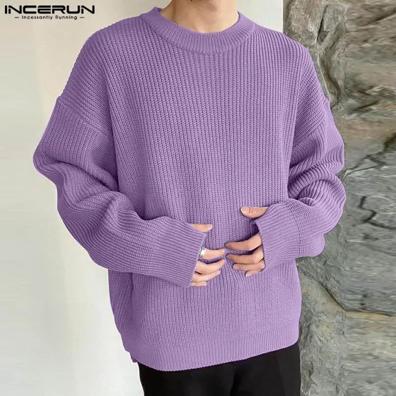 Men Sweaters Knitted Solid Color O-neck Long Sleeve Casual Male Pullovers Streetwear 2023 Korean Men Clothing S-5XL INCERUN 1