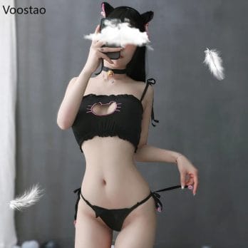 Anime Girl Cute Cat Paw Bell Underwear Temperament Sexy Lingerie Uniform Women Cosplay Cats Hollow Bra Pajamas Outfit Costumes 4