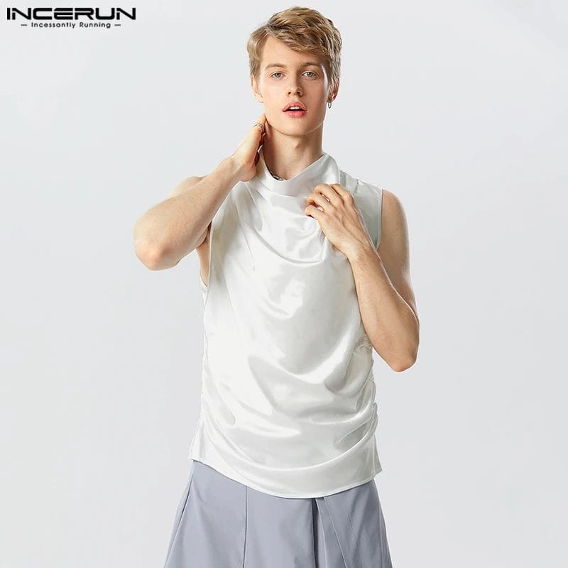 Men Tank Tops Solid Color O-neck Satin Sleeveless Fashion Male Vests Streetwear Summer 2023 Casual Men Clothing S-5XL INCERUN 1