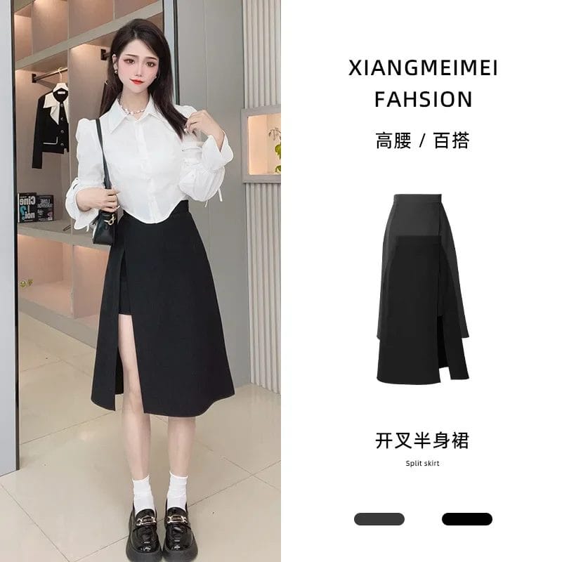 2023 New High Waist Hip Skirt Irregular Slit Black Skirt for Women Summer Mid-length A-line Harajuku Vintage Women Clothing 1