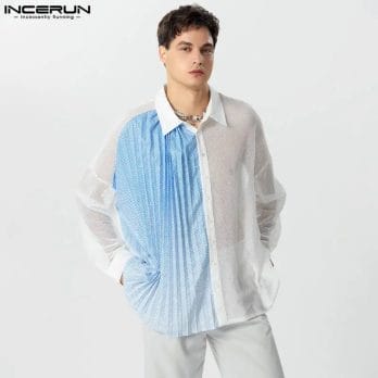2023 Men Shirt Pleated Gradient Patchwork Lapel Long Sleeve Transparent Men Clothing Streetwear Fashion Camisas S-5XL INCERUN 2