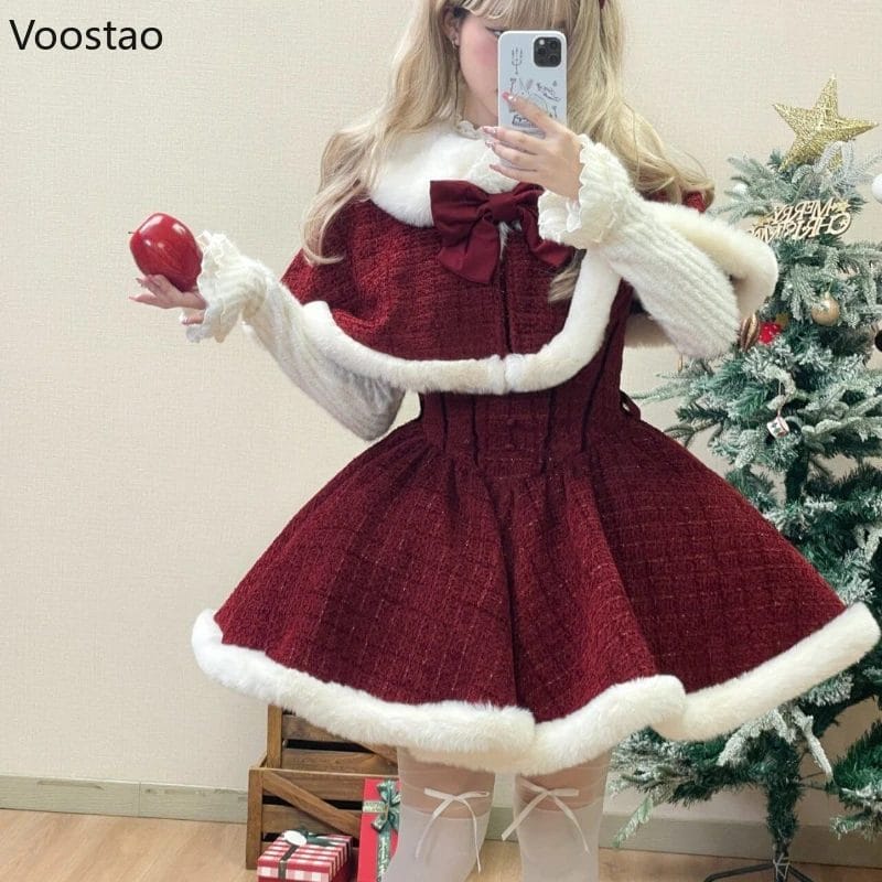 Sweet Lolita Style Dress Sets Women Elegant Bow Plush Shawl Short Jackets Mini Skirts Suit Kawaii Christmas New Year 3 Piece Set 1
