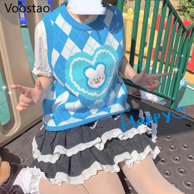 Japanese Sweet Lolita Style Rabbit Knitted Pullovers Autumn Women Cute Bunny Loose JK Sweater Vest Girly Harajuku Chic Waistcoat 1