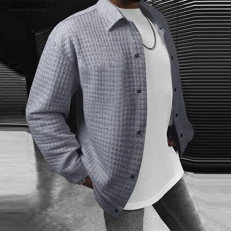 2023 Fashion Men Jackets Solid Color Plaid Lapel Long Sleeve Button Streetwear Casual Coats Men Leisure Outerwear S-5XL INCERUN 1
