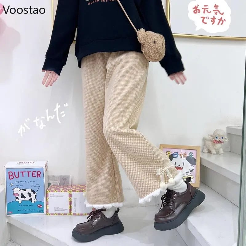 Japanese Kawaii Lolita Lace Bow Plaid Wide Leg Pants Autumn Winter Girl Sweet Casual Woolen Trousers Female Cute Warm Sweatpants 1