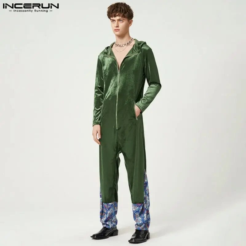 INCERUN Men Jumpsuits Print Velour Patchwork Zipper Hooded Loose Casual Rompers Streetwear V Neck Long Sleeve Men Overalls S-5XL 1