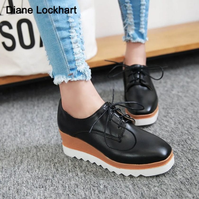 Spring Autumn Women Shoes Platform Casual Shoes Lady Black Flats Heel Shoes Lace Up Black Basic Fashion PU Leather Flats Loafers 1