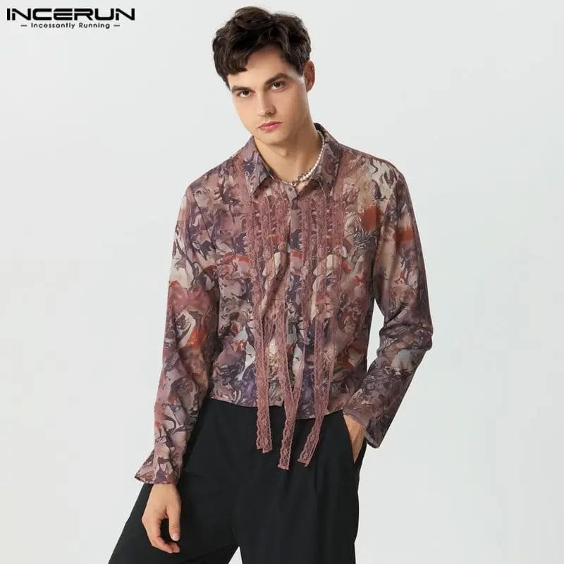2023 Men Shirt Printing Lace Decoration Lapel Long Sleeve Streetwear Men Clothing Fashion Casual Unisex Crop Tops S-5XL INCERUN 1