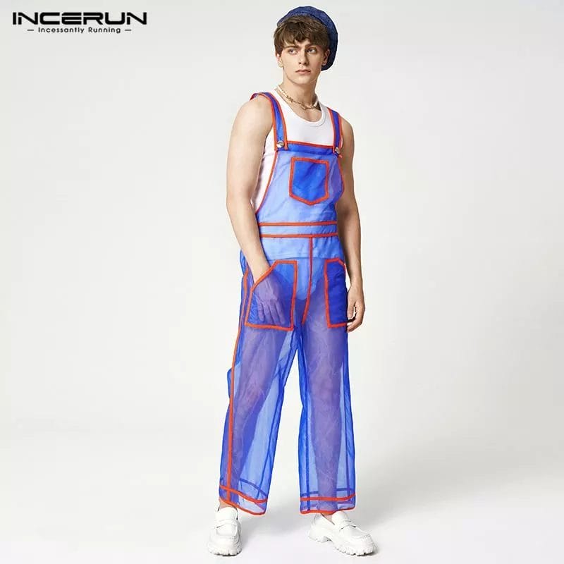 2023 Fashion Men Jumpsuits Mesh See Through Sexy Patchwork Sleeveless Straps Rompers Pockets Streetwear Overalls S-5XL INCERUN 1