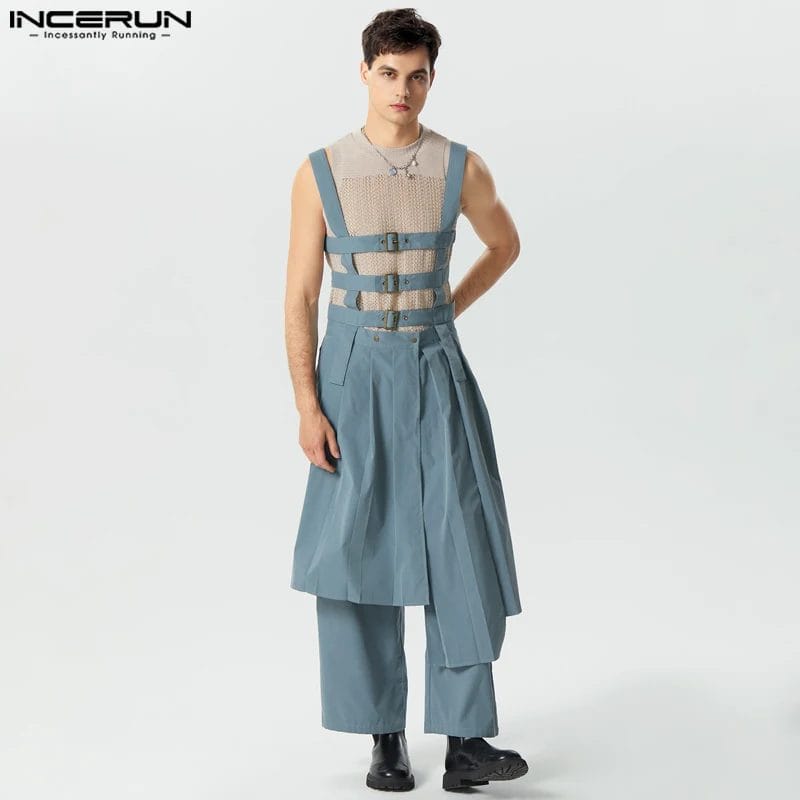 INCERUN Men Jumpsuits Solid Sleeveless Pleated Personality Skirts Trousers Overalls Streetwear 2023 Male Irregular Rompers S-5XL 1