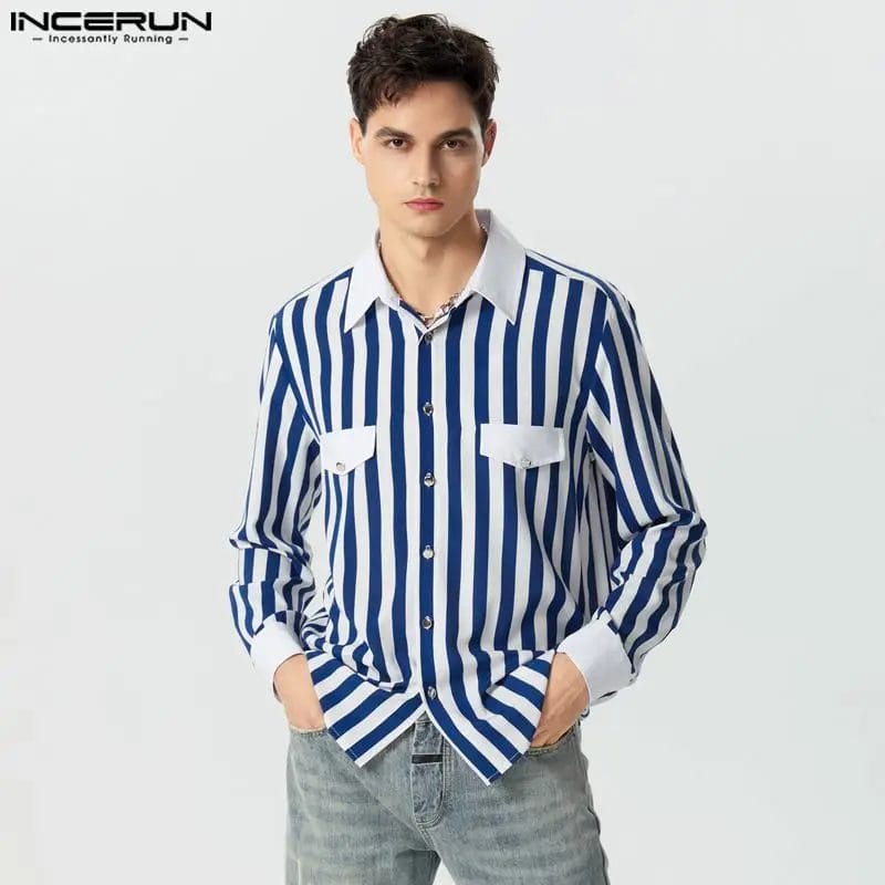 Men Shirt Striped Patchwork Lapel Long Sleeve Button Loose Men Clothing Streetwear 2023 Stylish Casual Camisas S-5XL INCERUN 1