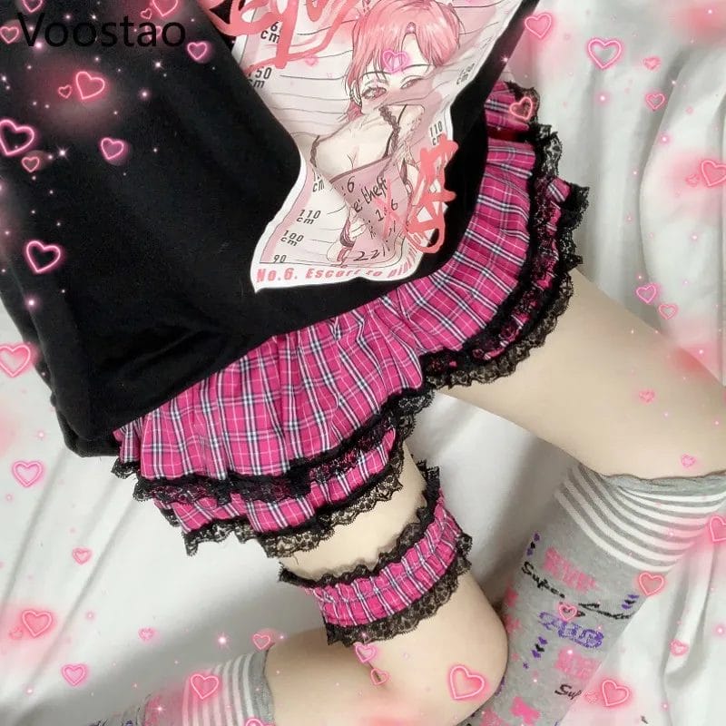 Gothic Lolita Y2k Mini Skirts Women Sweet Pink Plaid Lace Trim Tiered Skirt Korean Girls Sexy Harajuku High Waist Punk Skirts 1