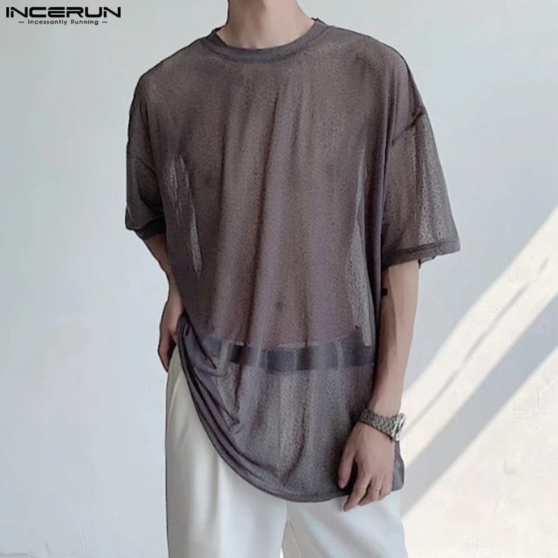Men T Shirts Mesh Transparent O-neck Short Sleeve Streetwear Party Male Tee Tops Loose Sexy 2023 Fashion Camisetas S-5XL INCERUN 1