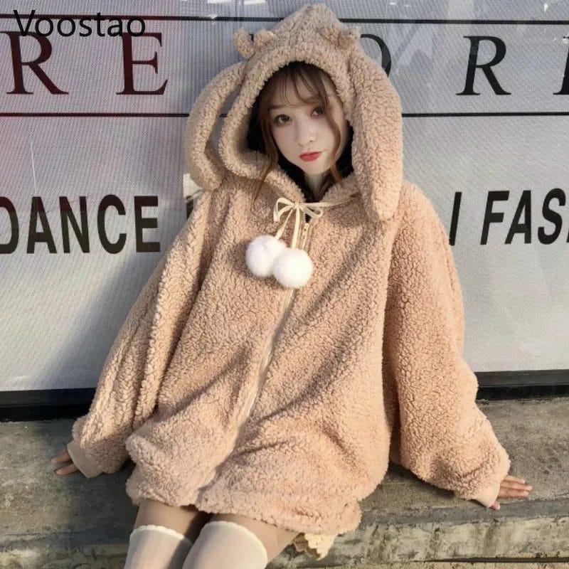 Japanese Style Warm Jacket Women Autumn Winter Sweet Cute Drawstring Rabbit Ears Hooded Coats Girls Student Soft Parkas Outwear 1