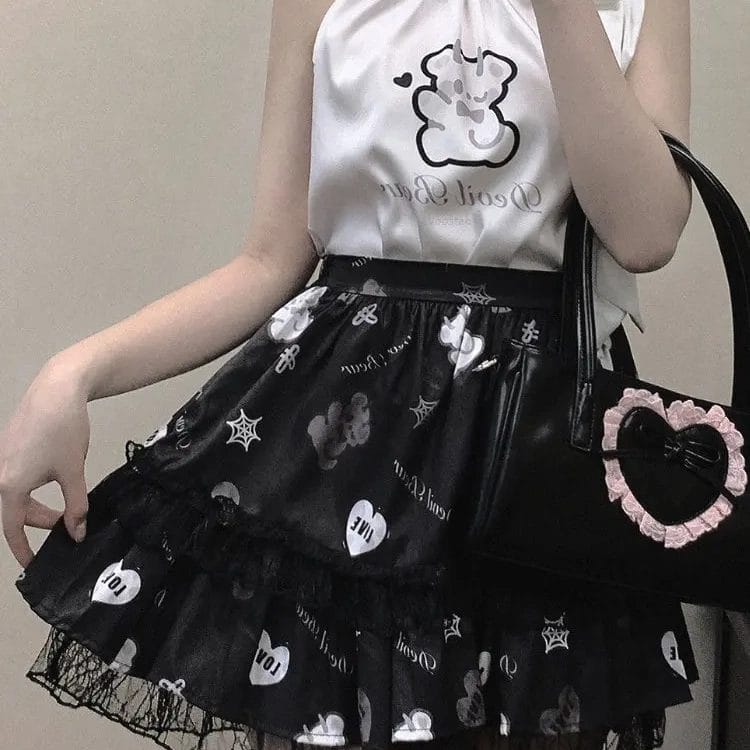 Japanese Gothic Bear Print Lolita Style Mini Skirt Women Harajuku Y2k Lace Ruffles A-Line Skirts Girls Sweet Kawaii Tiered Skirt 1