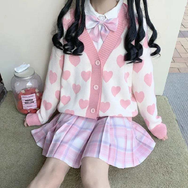 Japanese Sweet Knitted Cardigan Women Preppy Style Knitwear Coat Loose Korean Heart Print JK Sweaters Girl Cute Sueter Mujer 1