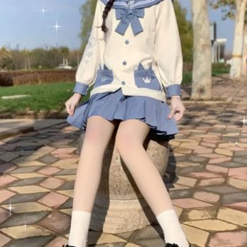 Japanese Kawaii School Girl JK Uniform Sets Sweet Sailor Collar Cartoon Embroidery Bow Tops Pleated Mini Skirts Women Full Set 4
