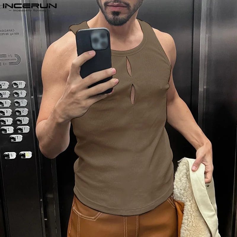 2024 Men's Tank Tops Knitted O-neck Sleeveless Hollow Out Fashion Men Clothing Streetwear Solid Color Casual Vests S-5XL INCERUN 1