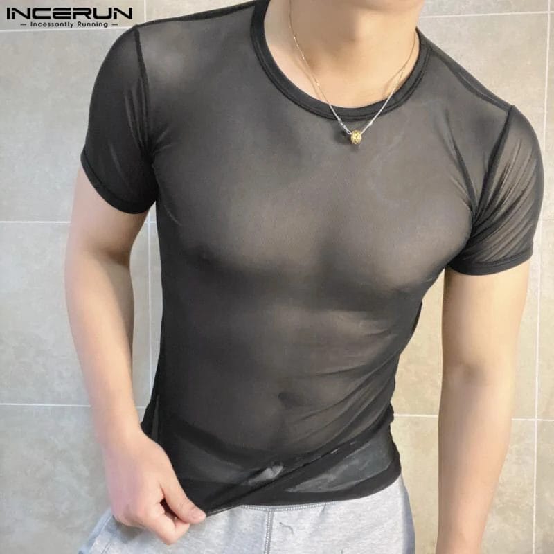 2024 Men T Shirts Mesh Transparent O-neck Short Sleeve Streetwear Men Clothing Solid Color Sexy Fashion Camisetas S-3XL INCERUN 1