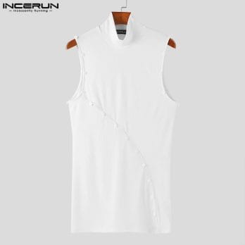 Men Tank Tops Solid Color Turtleneck Sleeveless Casual Long Style Vests Hollow Out Streetwear 2024 Fashion Men Clothing INCERUN 5