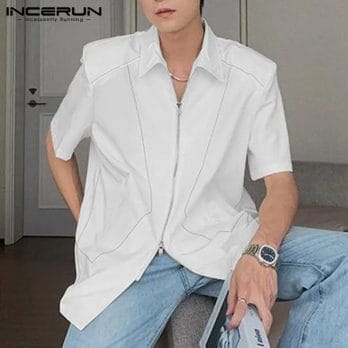 Men Shirt Printing Lapel Short Sleeve Zipper Streetwear Korean Casual Men Clothing Summer 2023 Summer Male Shirts INCERUN S-5XL 2