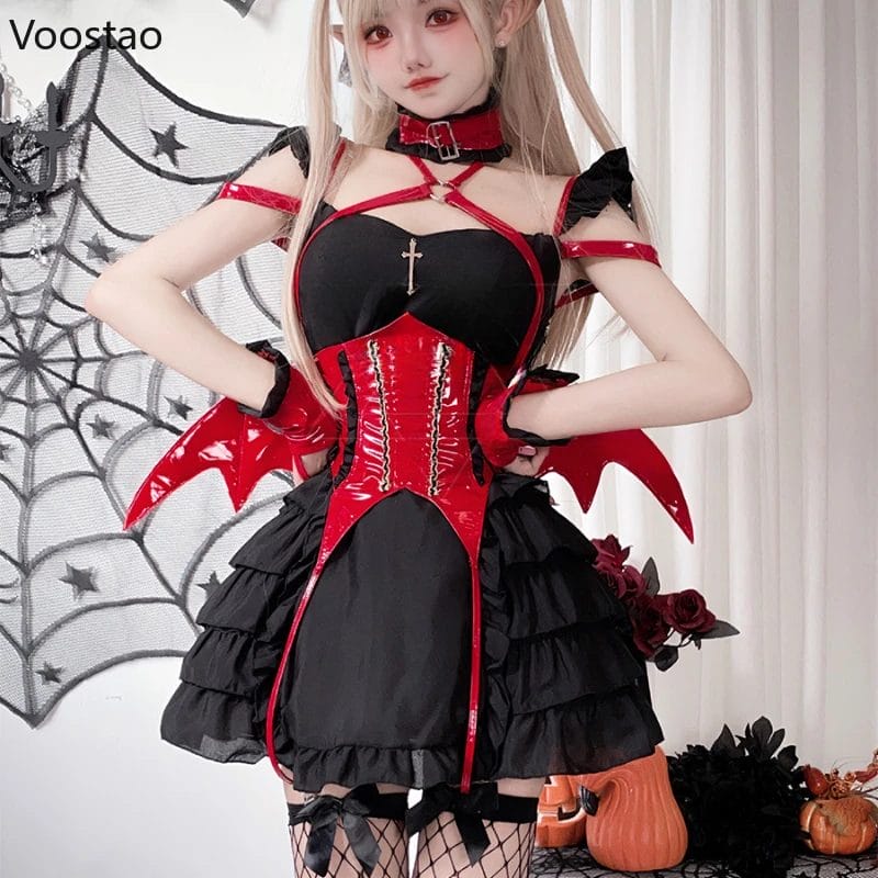 Japanese Gothic Lolita Dress Women Sexy Little Devil Cosplay Costumes Maid Unifrom Set Role Play Halloween Party Mini Dresses 1