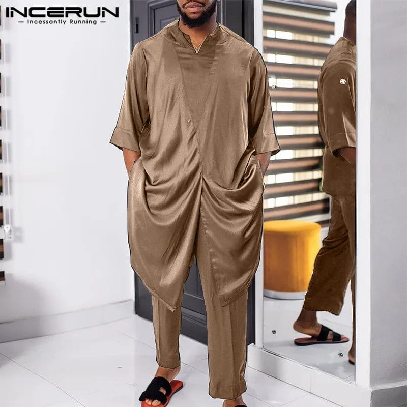 2023 Men Muslim Sets Satin Solid Color V Neck Half Sleeve Kaftan & Pants 2PCS Islamic Arabic Men Suits Jubba Thobe S-5XL INCERUN 1