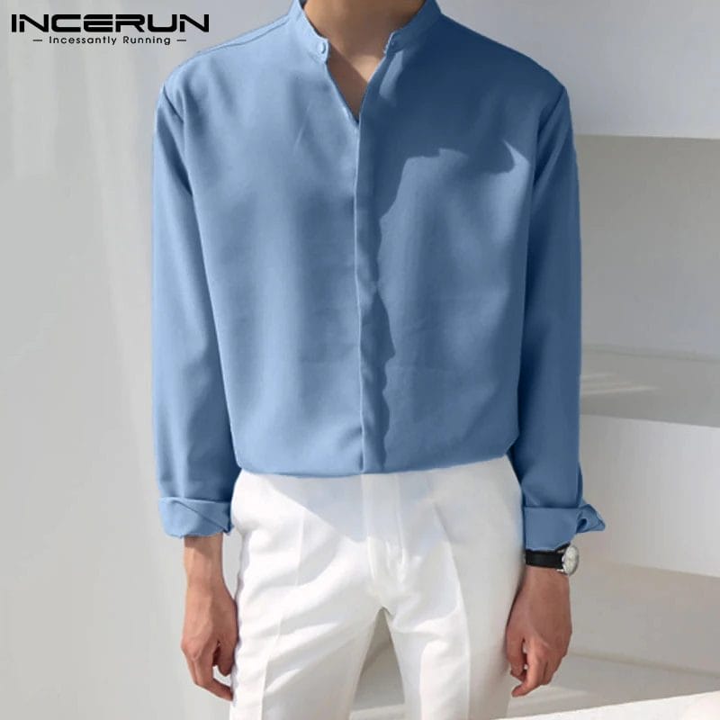 INCERUN 2023 Fashion Men Casual Shirt Streetwear Long Sleeve Stand Collar Button Blouse Korean Solid Color Mens Brand Shirts 5XL 1
