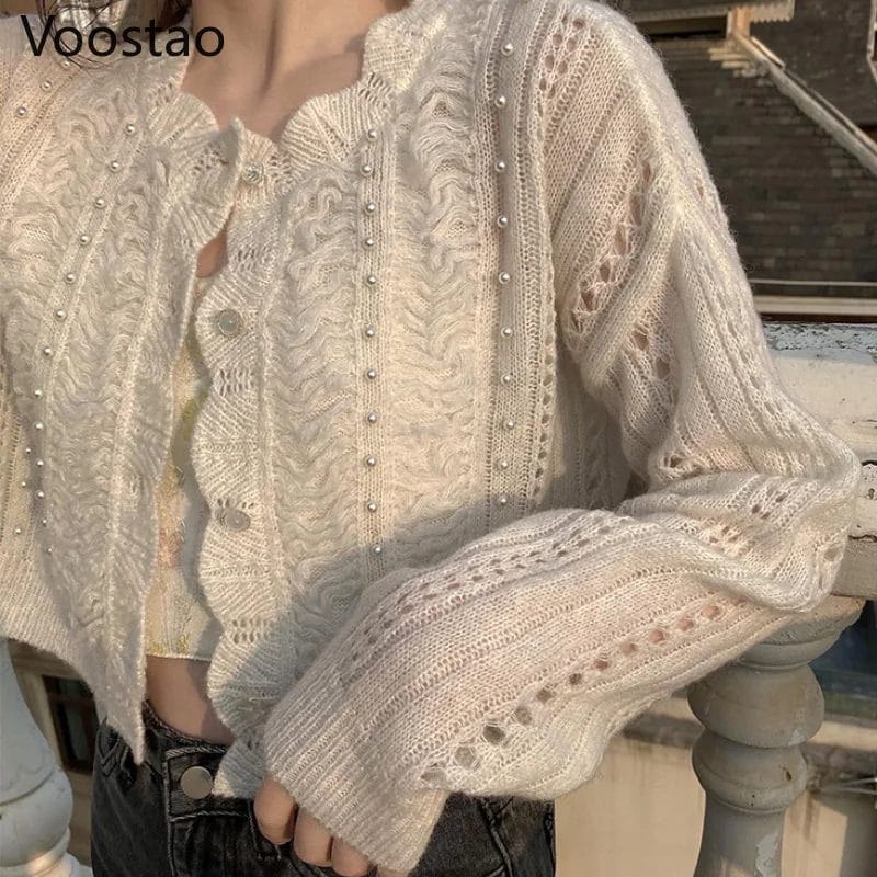 Autumn Sweet Hollow Out Knitted Cardigan Women Elegant Vintage Beading Loose Sweaters Spring Female Chic Fairy Outwear Jumpers 1