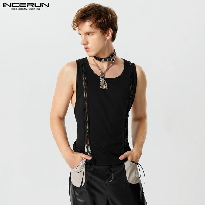 2023 Men Tank Tops Solid Color O-neck Sleeveless Fashion Casual Vests Lace Up Hollow Out Streetwear Men Clothing S-5XL INCERUN 1
