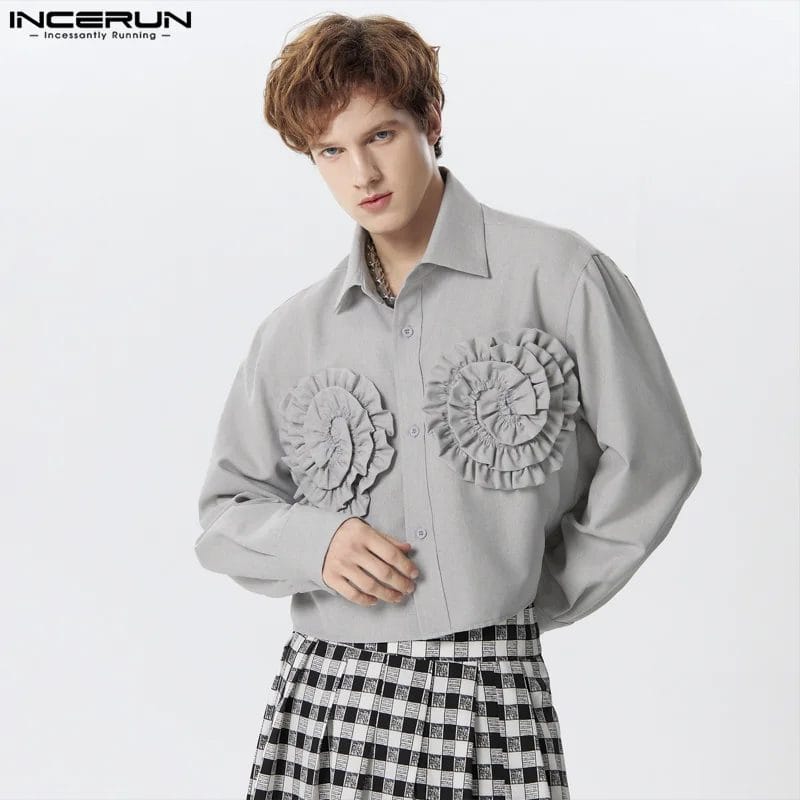 Men's Shirt Flower Patchwork Lapel Long Sleeve Spring Men Clothing Streetwear Loose 2024 Fashion Casual Crop Tops S-5XL INCERUN 1