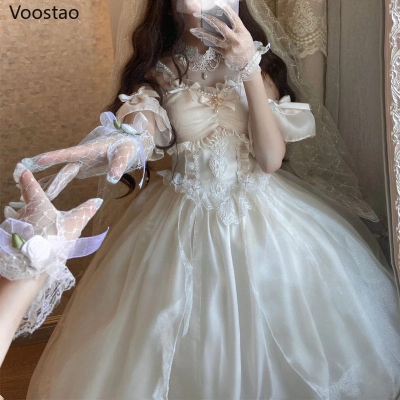Sweet Lolita Princess Jsk Dress Women Elegant Mesh Lace Pearl Bow Party Wedding Dresses Girly Kawaii Sleeveless Trailing Dress 1