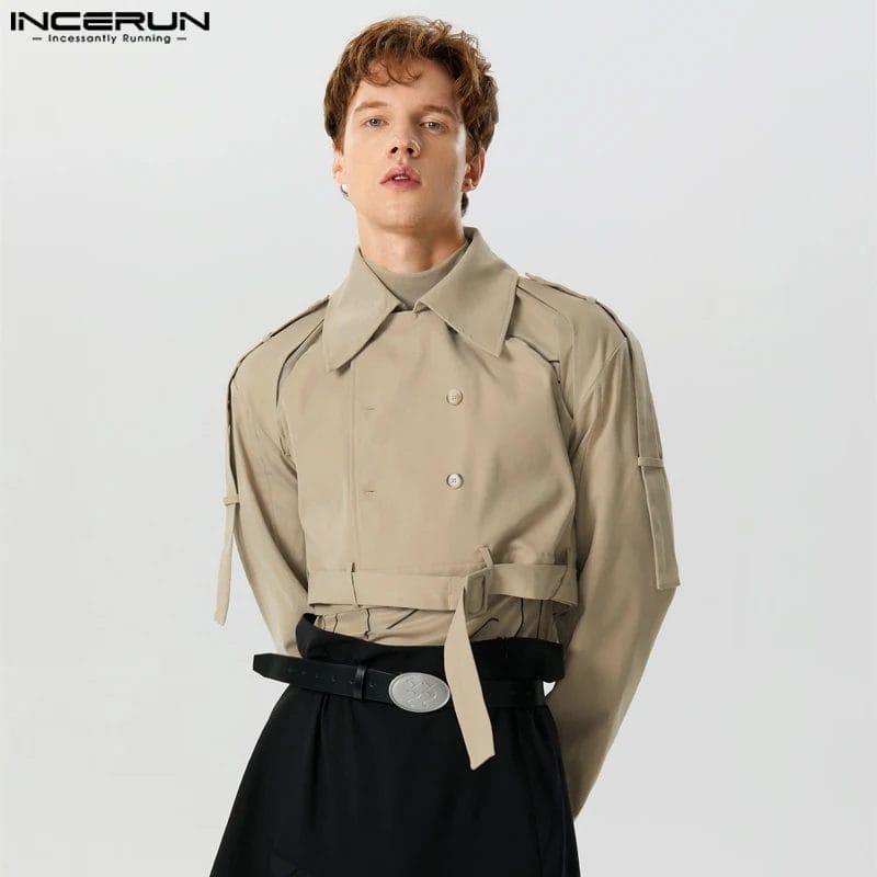INCERUN 2023 Men Trench Solid Hollow Out Lapel Long Sleeve Double Breasted Crop Coats Streetwear Lace Up Casual Male Windbreaker 1