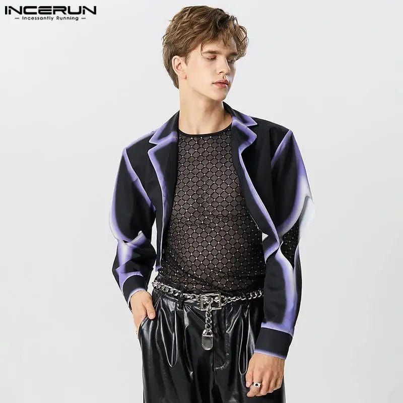 2023 Men Blazer Printing Lapel Long Sleeve Autumn Open Stitch Casual Irregular Suits Streetwear Fashion Male Crop Coats INCERUN 1