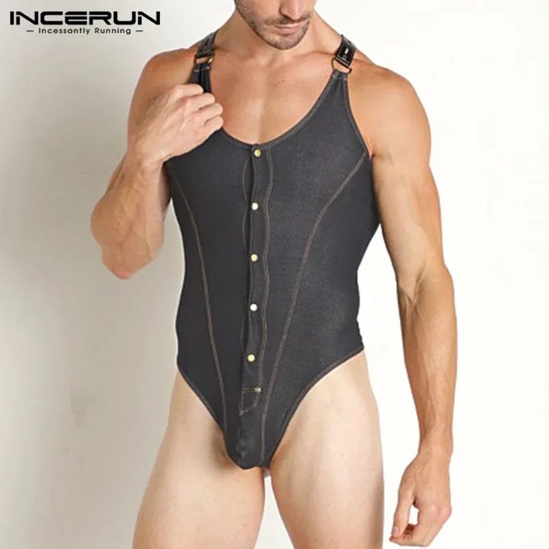 INCERUN Fashion Men Bodysuits 2023 Solid Color O-neck Sleeveless Sexy Button Up Men Rompers Pajamas Fitness Cozy Bodysuits S-5XL 1