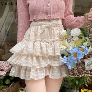 Japanese Kawaii Lolita Mini Skirt Women Summer Cute High Waist Bow Ruffles Tiered Skirts Girly Korean Fashion Princess Skirts 5