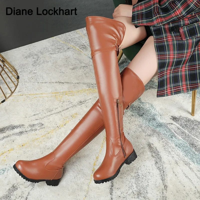 2021 Black Low Heels Over The Knee Boots Women Platform Thigh High Boots Autumn Winter Long Boots Sexy Beige Brown Size 34-43 1