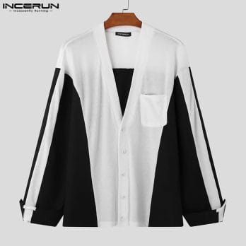 2023 Men Shirt Patchwork V Neck Long Sleeve Button Loose Streetwear Casual Cardigan Autumn Stylish Men Clothing S-3XL INCERUN 3