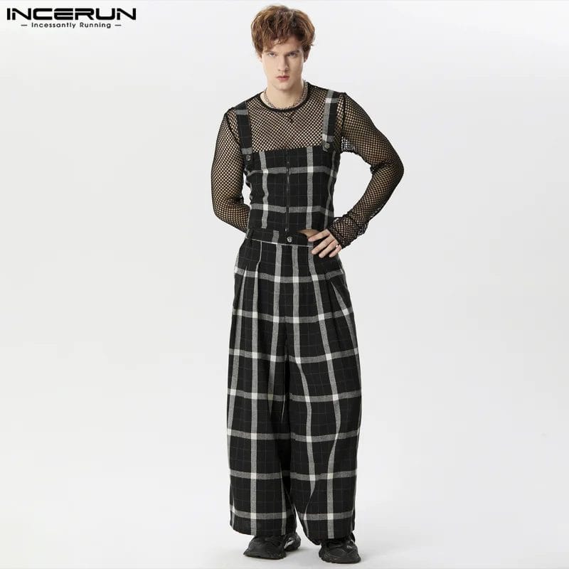 INCERUN Men Plaid Sets Streetwear Sleeveless Zipper Crop Vests & Wide Leg Pants Two Pieces Sets 2024 Fashion Men's Casual Suits 1