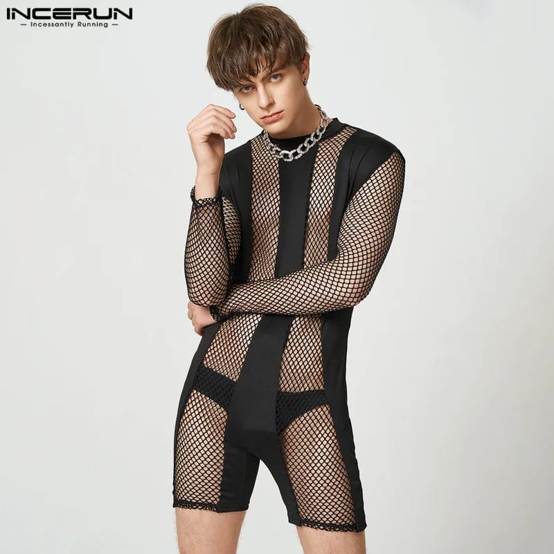 INCERUN Men Pajamas Rompers Mesh Patchwork Bodysuits Sexy O-neck Long Sleeve Zipper 2023 Transparent Jumpsuits Sleepwear S-5XL 1