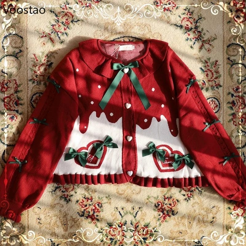 Christmas Sweater Sweet Lolita Knitted Cardigan Autumn Winter Women Kawaii Bow Heart Shaped Button Knitwear Coat Girls Outerwear 1