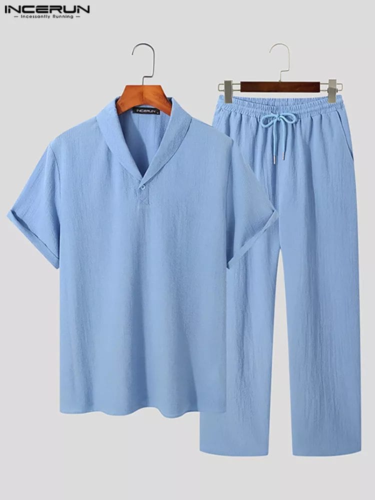 INCERUN Men Sets Solid 2023 Summer Lapel Short Sleeve Shirt & Drawstring Pants 2PCS Streetwear Korean Men Casual Suits S-5XL 1