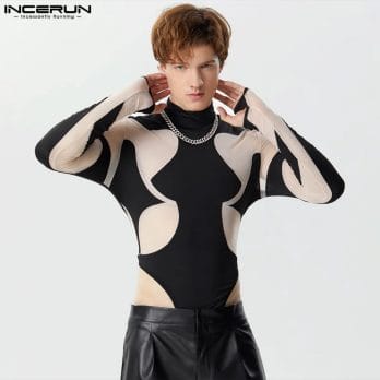 2024 Men's Bodysuits Mesh Patchwork See Through Turtleneck Long Sleeve Rompers Fitness Sexy Fashion Male Bodysuit S-3XL INCERUN 2
