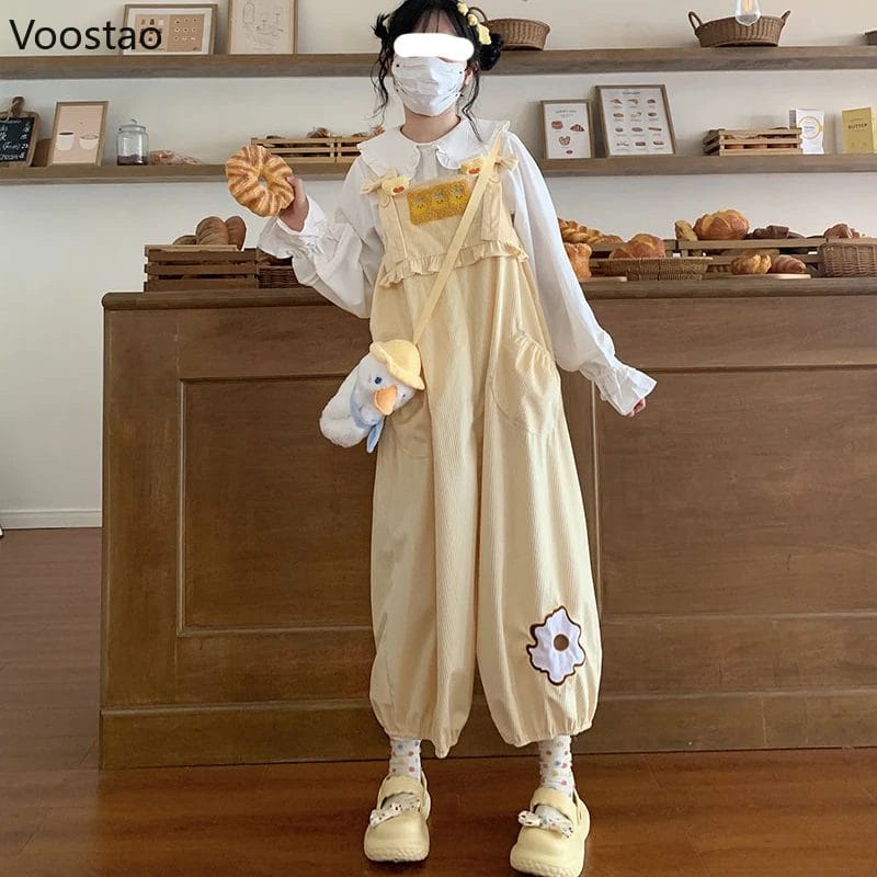 Sweet Lolita Corduroy Jumpsuits Women Kawaii Cartoon Embroidery Loose Pants Casual Overalls Suspender Wide Leg Trousers Rompers 1