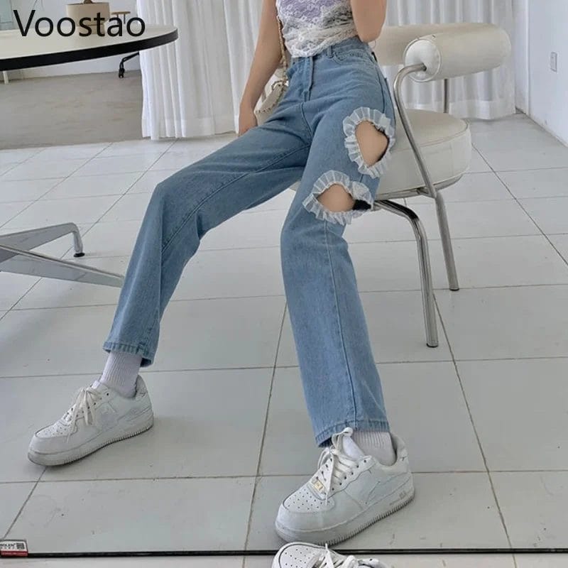 Sweet High Waist Jeans Women Chic Love Heart Ruffles Hollow Out Wide Leg Pants Jeans Female Harajuku Loose Straight Trousers 1
