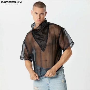 Men T Shirt Mesh Transparent Turtleneck Short Sleeve Sexy Loose Irregular Tee Tops Men Streetwear 2023 Fashion Camisetas INCERUN 5
