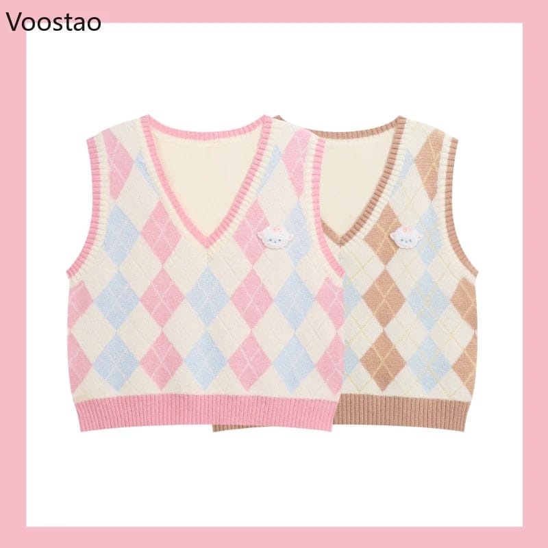 Sweet Lolita Knitted Vest Japanese Kawaii Plaid Cartoon Sheep Embroidery JK Sweater Tank Tops Girls Cute Sleeveless Waistcoat 1
