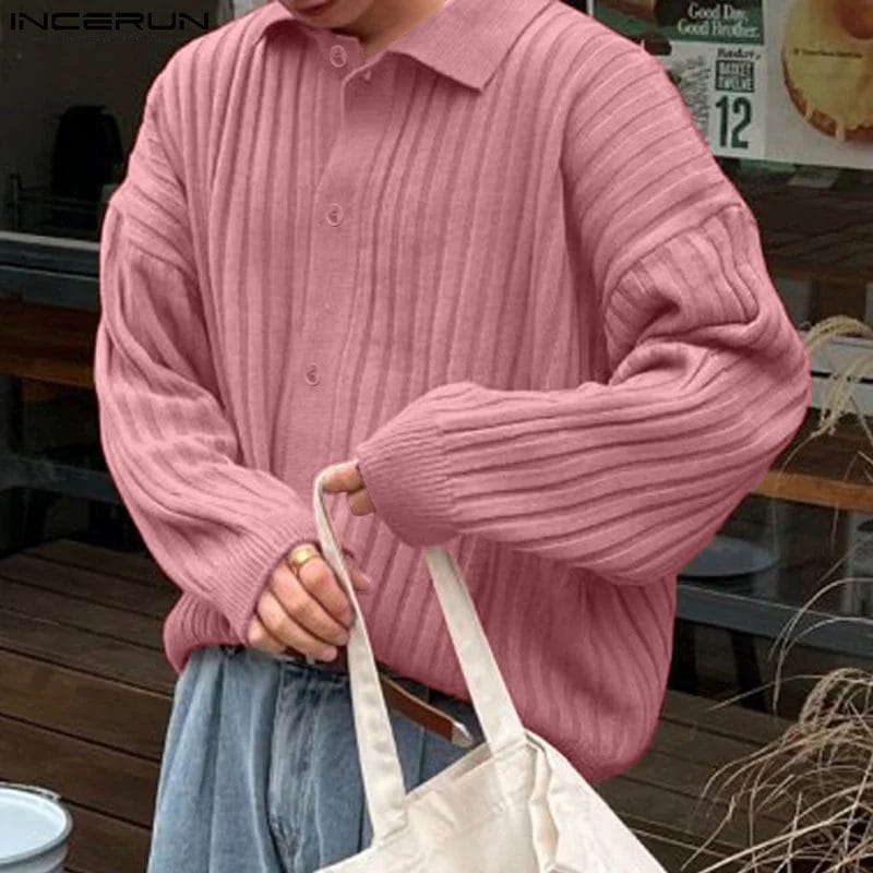 INCERUN Men Shirt Solid Striped Lapel Long Sleeve Knitted Men Clothing Streetwear 2023 Korean Style Fashion Casual Shirts S-5XL 1